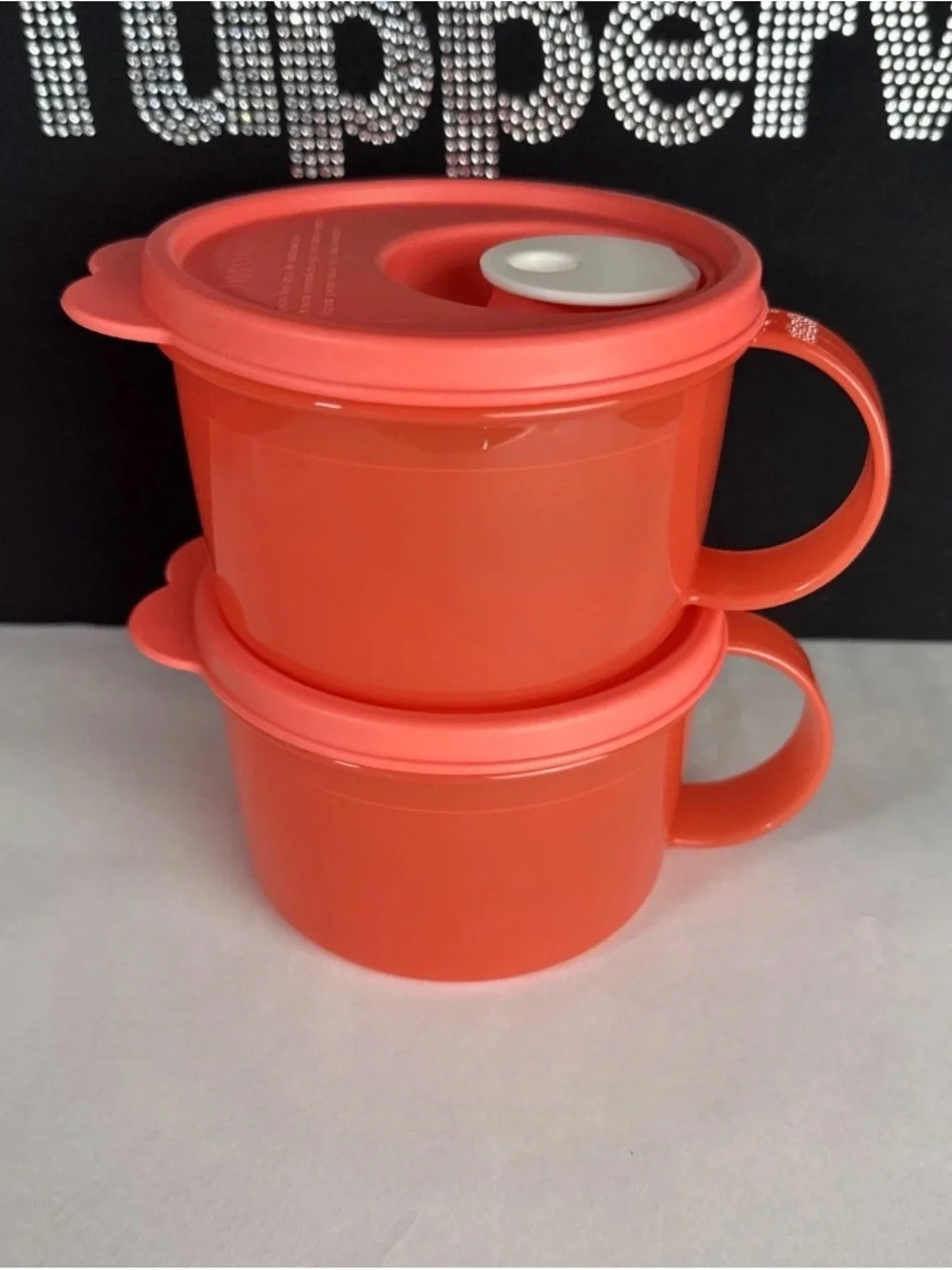Tupperware Crystalwave Plus Soup Mug microwavable 2 cup / 500ml Set coral orange - Picture 3 of 3